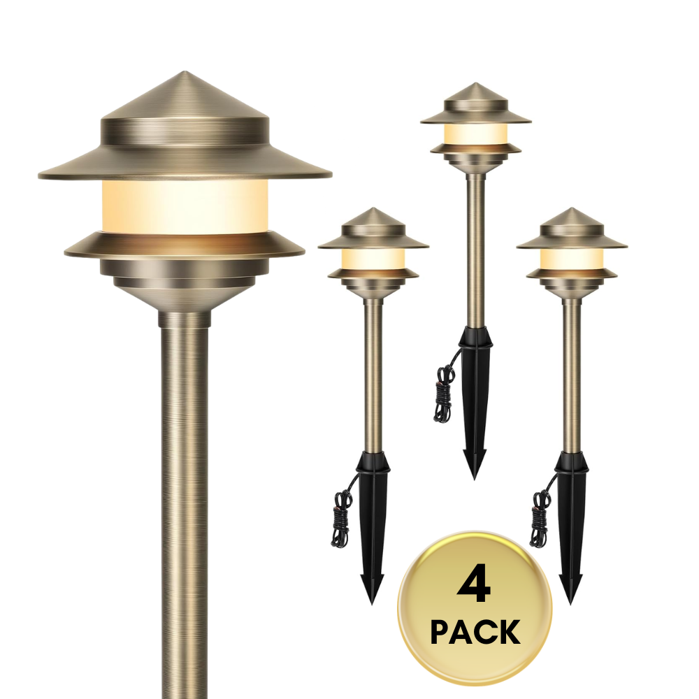 Outdoor Landscape Lighting LED 12V Low Voltage ALP73 LED Two-Tier Pagoda Solid Brass Pathway Lights Package – 12V Low Voltage Outdoor Landscape Path Lighting 4 Pack