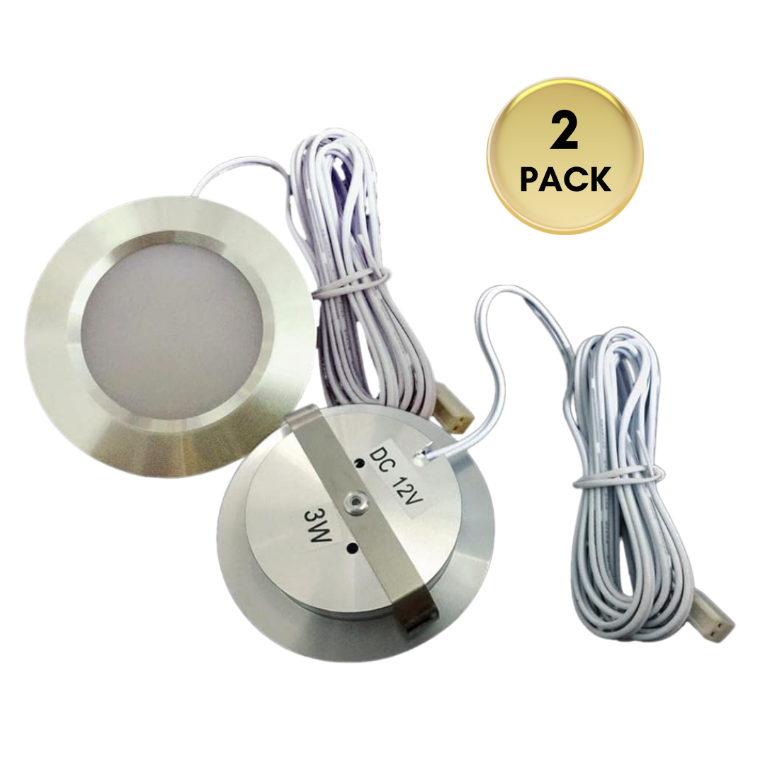 Outdoor Landscape Lighting LED 12V Low Voltage CBA02 2-Pack 12V 3W Round LED Dimmable Aluminum Recessed Cabinet Light Fixture Silver Shell