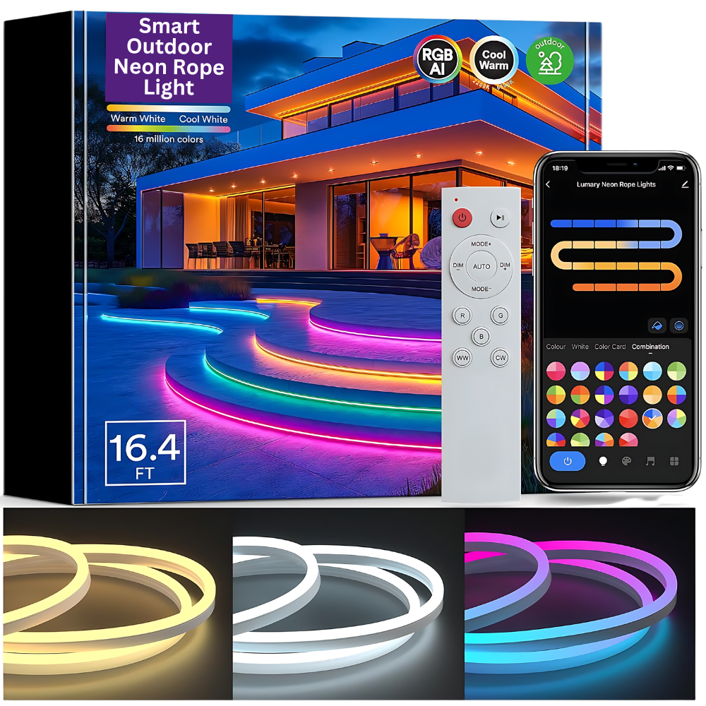 Outdoor Landscape Lighting LED 12V Low Voltage SLNR06 Dotless COB Smart Wi-Fi RGBAICW 1.45W/ft Neon LED Strip Light DC24V IP65 Outdoor Rated Dimmable Low Voltage Silicone Strip Light with Mounting Clips, Screws, Power Adapter and Remote Control 16.4ft (5M) DC24V