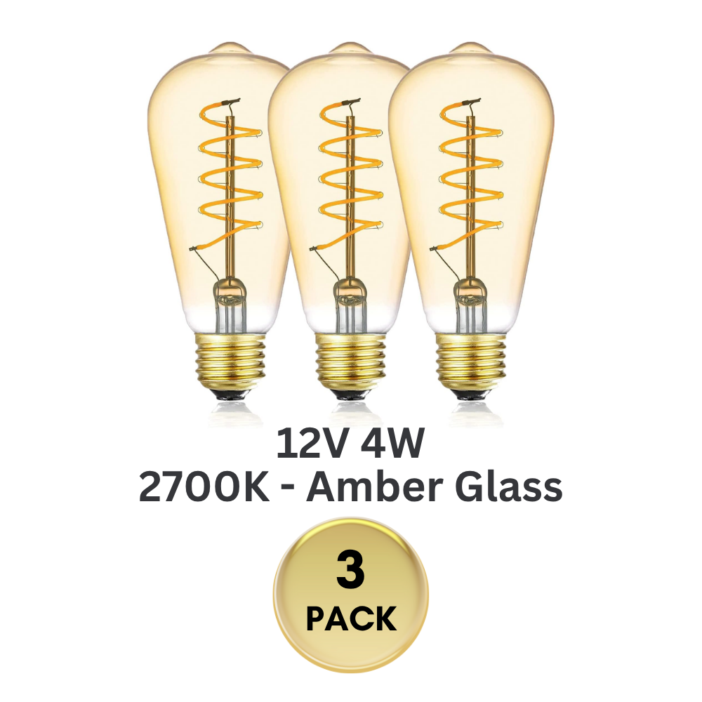 Outdoor Landscape Lighting LED 12V Low Voltage E26 4W 12V-36V 2700K AC/DC LED Spiral Filament Edison Bulbs Package Dimmable Energy Saving Low Voltage Light Bulb 3 Pack 4W Amber Glass 2700K