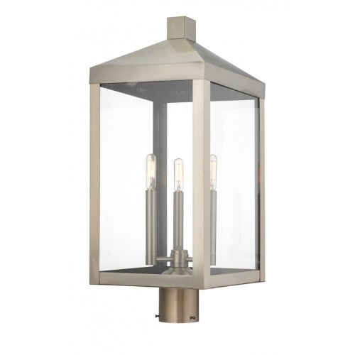 Outdoor Landscape Lighting LED 12V Low Voltage Nyack Outdoor Classics 3 E12 Candelabra Base Light Bulb Socket Large Outdoor Post Top Lantern 24"x 10.5" x 10.5" Solid Brass Lantern and Clear Glass with Brushed Nickel Finish 120V for Garden, Exterior Post - 20586-91