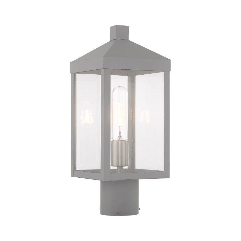 Outdoor Landscape Lighting LED 12V Low Voltage Nyack Outdoor Classics 1 E26 Medium Base Light Bulb Socket Small Outdoor Post Top Lantern 6.25" x 6.25" x 15.25" Solid Brass and Clear Glass with Nordic Gray with Brushed Nickel Finish Candles 120V for Garden, Exterior Post - 20590-80