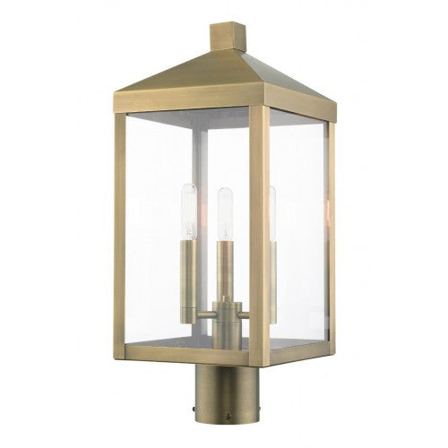Outdoor Landscape Lighting LED 12V Low Voltage Nyack Outdoor Classics 1 E12 Candelabra Base Light Bulb Socket Medium Outdoor Post Top Lantern 8.25" x 8.25" x 19.5" Stainless Steel and Clear Glass with Antique Brass Finish 120V for Garden, Exterior Post - 20592-01