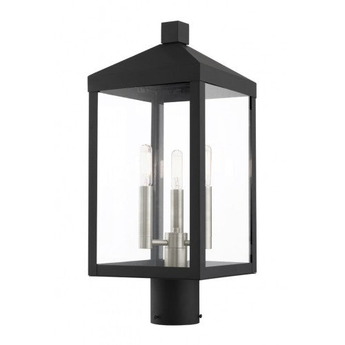 Outdoor Landscape Lighting LED 12V Low Voltage Nyack Outdoor Classics 1 E12 Candelabra Base Light Bulb Socket Medium Outdoor Post Top Lantern 8.25" x 8.25" x 19.5" Stainless Steel and Clear Glass with Black with Brushed Nickel Cluster Finish 120V for Garden, Exterior Post - 20592-04