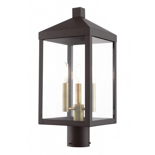 Outdoor Landscape Lighting LED 12V Low Voltage Nyack Outdoor Classics 1 E12 Candelabra Base Light Bulb Socket Medium Outdoor Post Top Lantern 8.25" x 8.25" x 19.5" Stainless Steel and Clear Glass with Bronze with Antique Brass Cluster Finish 120V for Garden, Exterior Post - 20592-07