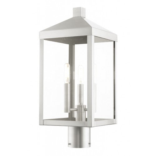 Outdoor Landscape Lighting LED 12V Low Voltage Nyack Outdoor Classics 3 E12 Candelabra Base Light Bulb Socket Medium Outdoor Post Top Lantern 8.25" x 8.25" x 19.5" Stainless Steel and Clear Glass with Brushed Nickel Finish 120V for Garden, Exterior Post - 20592-91