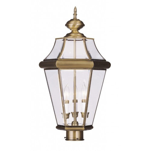 Outdoor Landscape Lighting LED 12V Low Voltage Georgetown Candelabra Base Light Bulb Socket Outdoor Post Top Lantern 23.25" x 13" Hand Crafted Solid Brass and Clear Beveled Glass, Antique Brass Finish 120V for Garden, Exterior Post - 2364-01