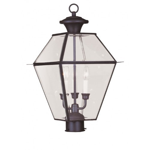Outdoor Landscape Lighting LED 12V Low Voltage Westover Candelabra Base 3 Light Bulb Sockets Large Outdoor Post Top Lantern 12" x 12" x 21.5" Hand Crafted Solid Brass and Clear Beveled Glass, Bronze Finish 120V for Garden, Exterior Post - 2384-07