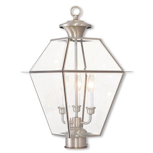 Outdoor Landscape Lighting LED 12V Low Voltage Westover Candelabra Base 3 Light Bulb Sockets Large Outdoor Post Top Lantern 12" x 12" x 21.5" Hand Crafted Solid Brass and Clear Beveled Glass, Brushed Nickel Finish 120V for Garden, Exterior Post - 2384-91