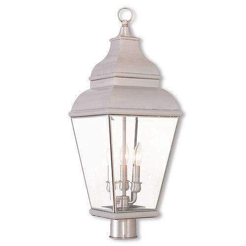 Outdoor Landscape Lighting LED 12V Low Voltage Exeter Candelabra Base 3 Light Bulb Sockets Large Outdoor Post Top Lantern 10" x 10" x 28.25" Hand Crafted Solid Brass and Clear Beveled Glass, Brushed Nickel Finish 120V for Garden, Exterior Post - 2594-91