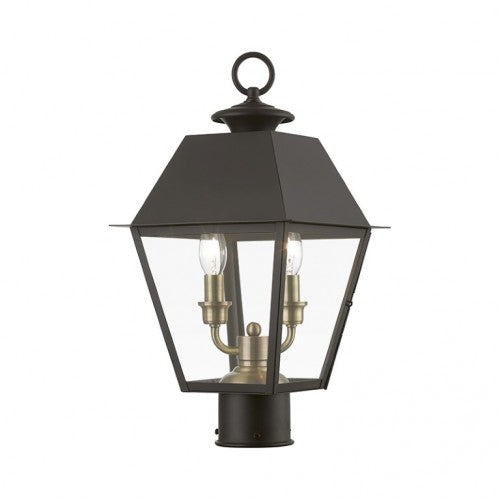 Outdoor Landscape Lighting LED 12V Low Voltage Wentworth Candelabra Base 2 Light Bulb Sockets Outdoor Medium Post Top Lantern 9" Sq x 17.5" H Solid Brass and Clear Glass, Bronze with Antique Brass Finish Cluster 120V for Garden, Exterior Post - 27216-07