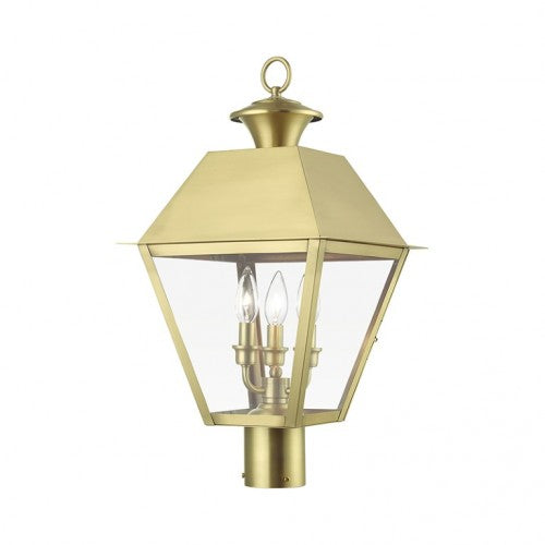 Outdoor Landscape Lighting LED 12V Low Voltage Wentworth Candelabra Base 3 Light Bulb Sockets Outdoor Large Post Top Lantern 12" Sq. x 22" Solid Brass and Clear Glass, Natural Brass Finish 120V for Garden, Exterior Post - 27219-08