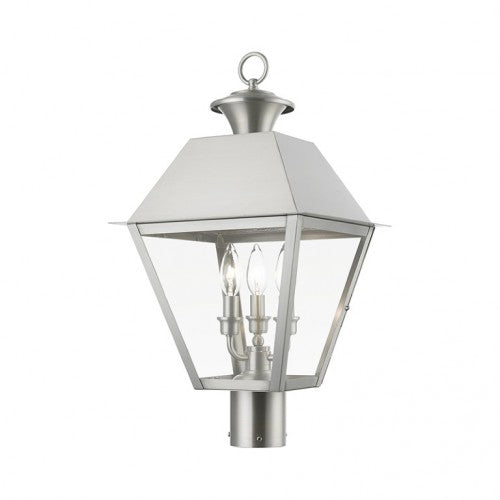 Outdoor Landscape Lighting LED 12V Low Voltage Wentworth Candelabra Base 3 Light Bulb Sockets Outdoor Large Post Top Lantern 12" Sq. x 22" Solid Brass and Clear Glass, Brushed Nickel Finish 120V for Garden, Exterior Post - 27219-91