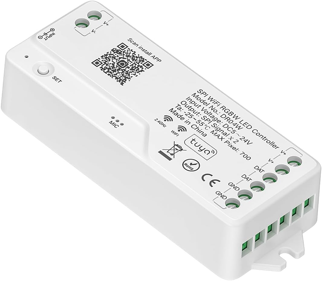 Outdoor Landscape Lighting LED 12V Low Voltage DR04W Tuya SPI Wi-Fi RGBW LED Controller Compatible with Alexa and Google Assistant, Support WS2913 WS2814 WS2815 LED Strip STA Mode Controller Only