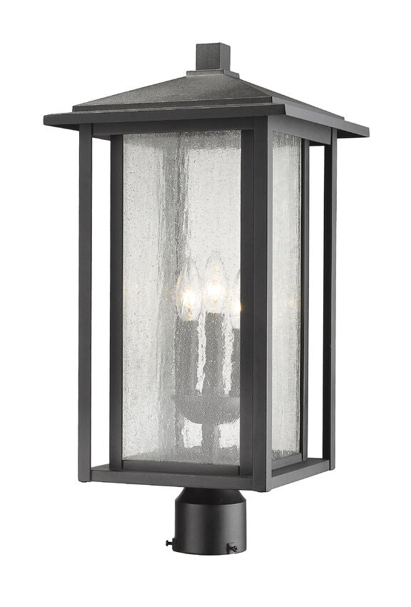 Outdoor Landscape Lighting LED 12V Low Voltage Aspen 554PHXLR 3 Lights Outdoor Post Mounted Fixture Post Head Lights 11" x 11" x 22.44" Black Aluminum Clear Seedy Glass Line Voltage 120V 3 Candelabra Base E12 Sockets for Garden, Exterior Lighting