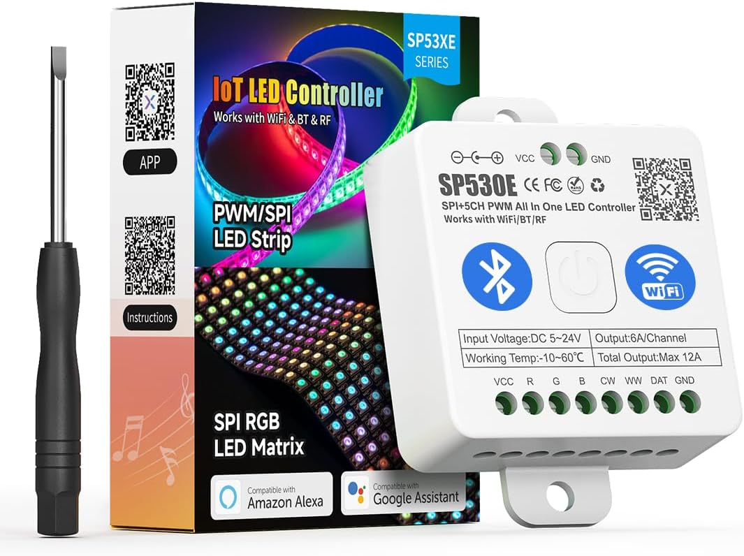 Outdoor Landscape Lighting LED 12V Low Voltage SP530E Smart Wi-Fi and Bluetooth RGB Addressable LED Controller Compatible with Alexa and Google Assistant, Support WS2811, WS2812B, WS2815, SK6812 and More SP530E Wi-Fi Bluetooth Controller Only