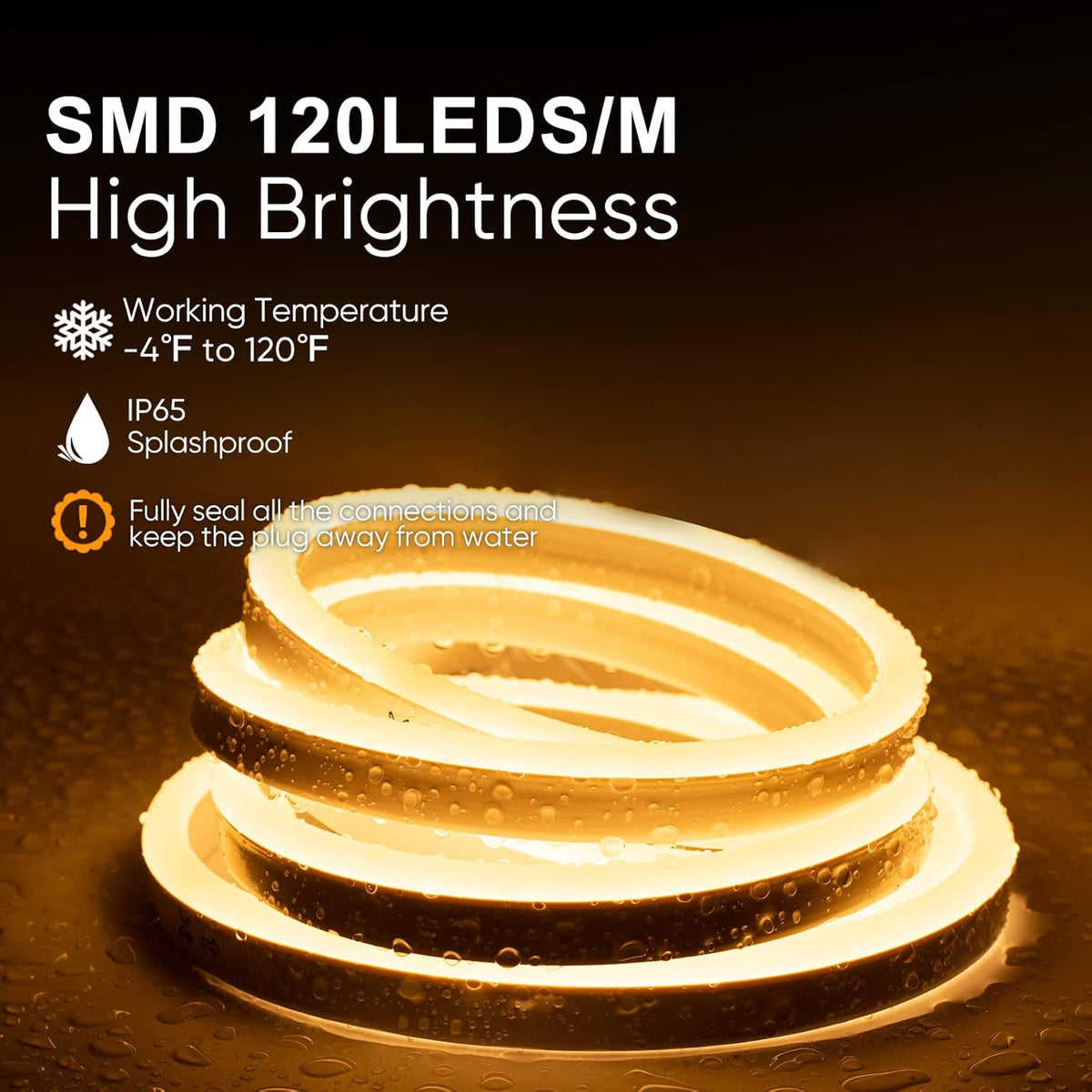 Outdoor Landscape Lighting LED 12V Low Voltage SLN06 Dotless Neon LED Strip Light 110-130V 8mm (W) x 16mm (H) IP65 Outdoor Rated Dimmable High Voltage Silicone Strip Light with Mounting Clips, Screws with Power Cable
