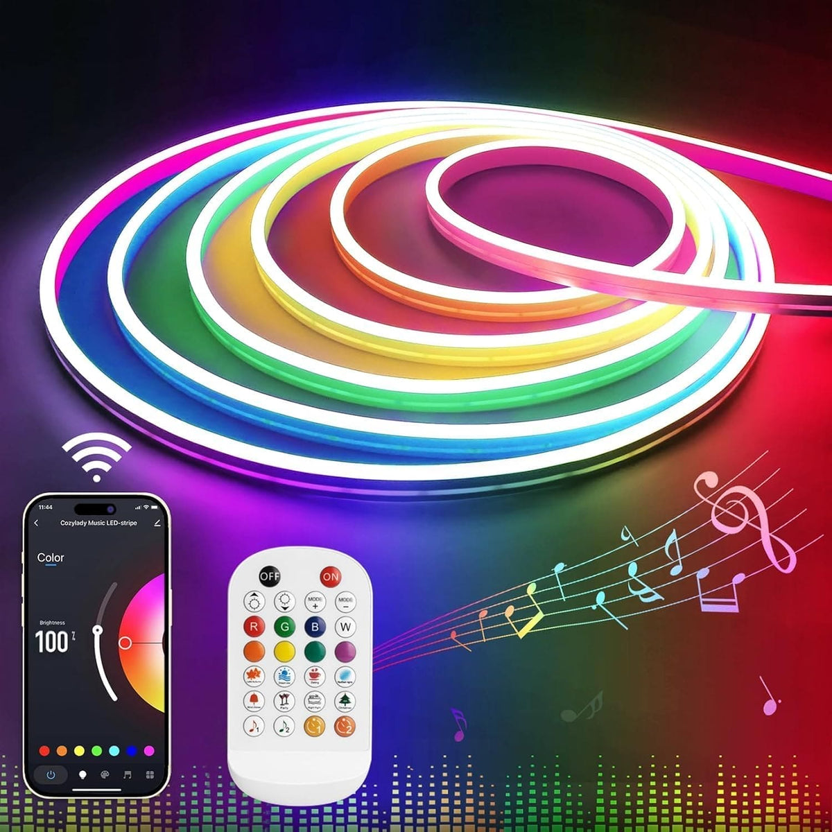 Outdoor Landscape Lighting LED 12V Low Voltage SLNR01 Dotless COB 2.2W/ft 6mmx12mm Smart Bluetooth RGB Neon LED Strip Light DC12V 36W IP65 Outdoor Rated Dimmable Low Voltage Silicone Rope Light with Mounting Clips and Screws No