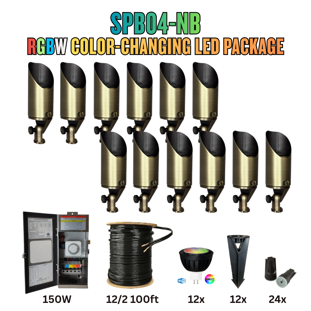 Outdoor Landscape Lighting LED 12V Low Voltage RGBW Color Changing LED Holiday Package: (12) Spotlight or (12) Path Lights with Wires and Connectors SPB04 Natural Brass 6W RGBCW MR16 Spotlights