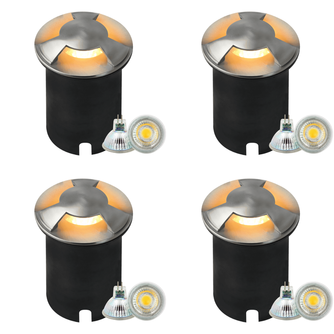 Outdoor Landscape Lighting LED 12V Low Voltage UNS05 4x/8x/12x Package Stainless Steel Tri Directional Three Slit In-Ground 12V Low Voltage LED In Ground Landscape Lighting with MR16 5W 3000K Bulb 4 Pack Stainless Steel