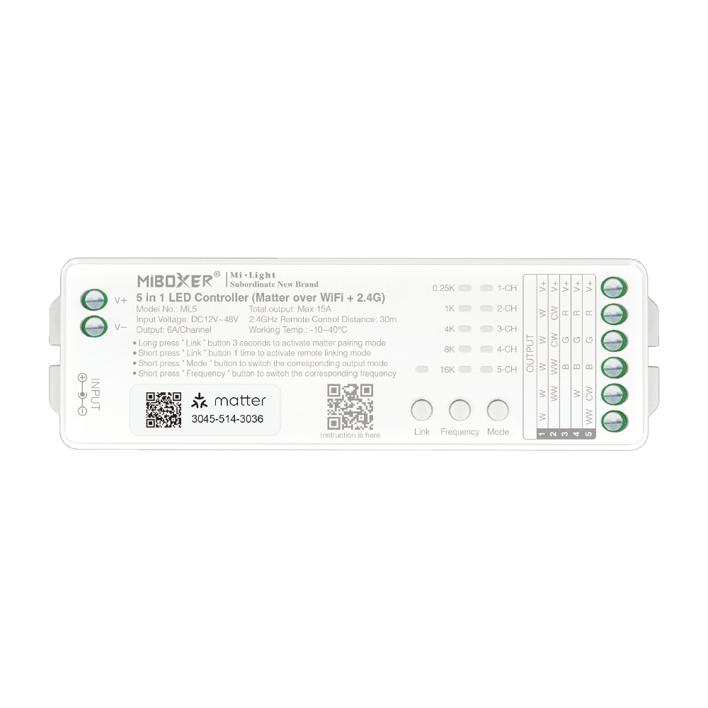 Outdoor Landscape Lighting LED 12V Low Voltage Miboxer ML5 Matter over Wi-Fi LED Strip Light 5 in 1 Controller for Single-Color, CCT, RGB, RGBW, RGBCCT Strip Lights, Smartphone APP Control and Voice Command