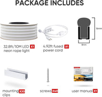 Outdoor Landscape Lighting LED 12V Low Voltage SLN06 Dotless Neon LED Strip Light 110-130V 8mm (W) x 16mm (H) IP65 Outdoor Rated Dimmable High Voltage Silicone Strip Light with Mounting Clips, Screws with Power Cable 10M 32.8ft