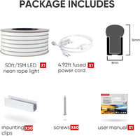 Outdoor Landscape Lighting LED 12V Low Voltage SLN06 Dotless Neon LED Strip Light 110-130V 8mm (W) x 16mm (H) IP65 Outdoor Rated Dimmable High Voltage Silicone Strip Light with Mounting Clips, Screws with Power Cable 15M 50ft
