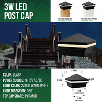 Outdoor Landscape Lighting LED 12V Low Voltage CPL04 Modern Pyramid-Top 12V AC/DC Low Voltage 3W 2700K/3000K 150 Lumens LED Post Cap Light for 3.5x3.5 or 4x4 Posts IP65 Waterproof 2700K Soft White Black