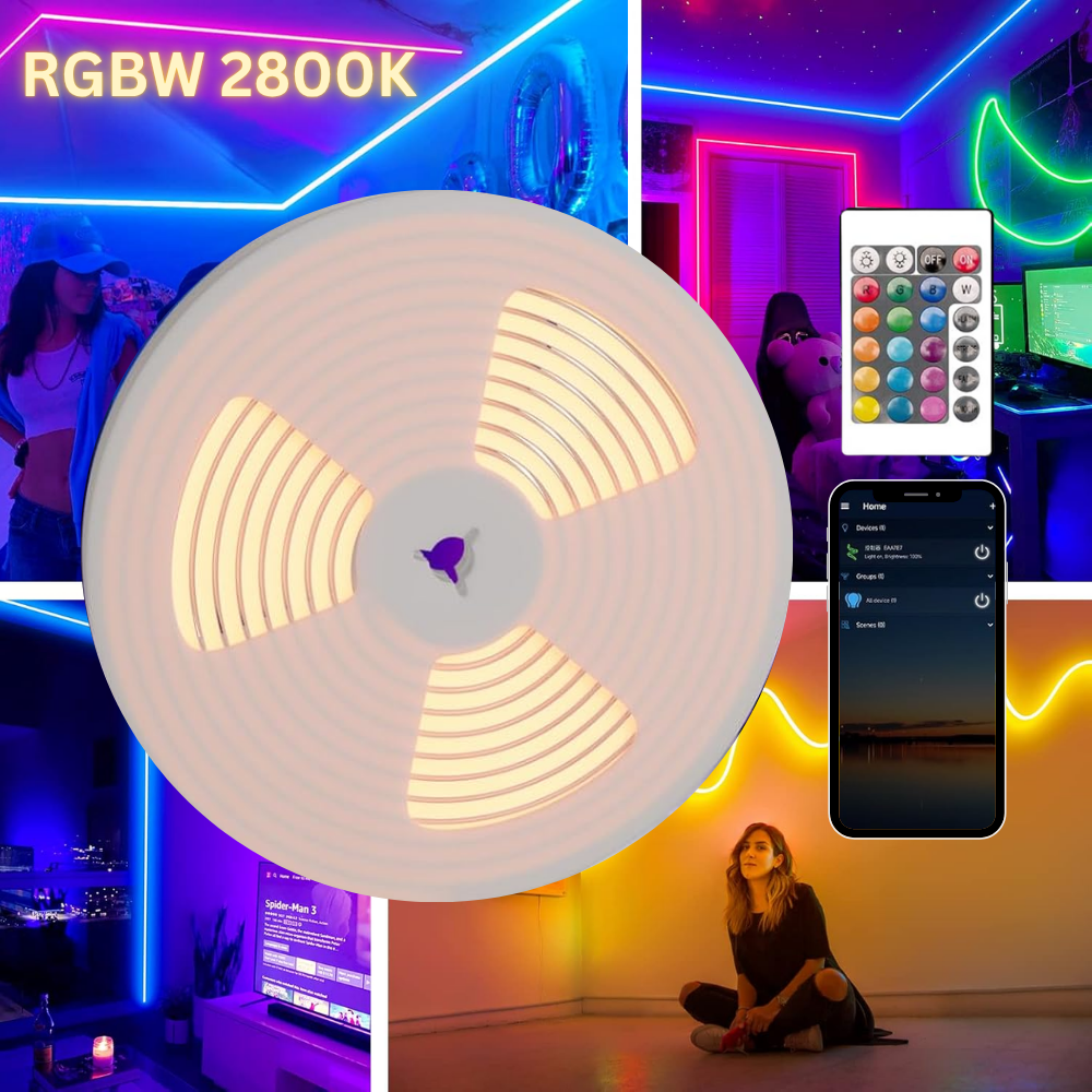 Outdoor Landscape Lighting LED 12V Low Voltage SLNR15 Dotless Neon RGB + Warm White 2800K or Cool White 6000K LED Strip Light Remote and Wi-Fi App Control DC24V IP65 Outdoor Rated Dimmable Silicone Strip Light Screws, Mounting Clips, End Cap, Screws, Remote Control and Controller with Power Cable RGB + 2800K Warm White