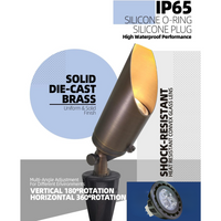 Outdoor Landscape Lighting LED 12V Low Voltage SPBA14 MR16 Brass Spotlight Package with Adjustable Shroud 12V AC/DC Low Voltage Outdoor Lighting with 5W 2700K Warm White Bulb