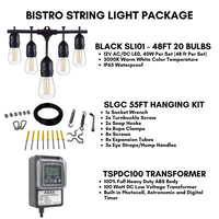 Outdoor Landscape Lighting LED 12V Low Voltage SL101 LED Low Voltage Bistro String Lights 48 FT Outdoor Weatherproof 12V Edison Bulbs with 100W DC Transformer and 55ft Hanging Kit Package Deal