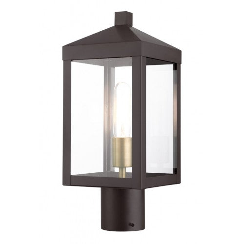 Outdoor Landscape Lighting LED 12V Low Voltage Nyack Outdoor Classics 1 E26 Medium Base Light Bulb Socket Small Outdoor Post Top Lantern 6.25" x 6.25" x 15.25" Stainless Steel and Clear Glass with Bronze with Antique Brass Cluster Finish 120V for Garden, Exterior Post - 20590-07