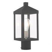 Outdoor Landscape Lighting LED 12V Low Voltage Nyack Outdoor Classics 1 E26 Medium Base Light Bulb Socket Small Outdoor Post Top Lantern 6.25 x 6.25 x 15.25 Solid Brass and Clear Glass with Scandinavian Gray with Brushed Nickel Finish Candles 120V for Garden, Exterior Post - 20590-76