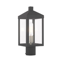Outdoor Landscape Lighting LED 12V Low Voltage Nyack Outdoor Classics 1 E26 Medium Base Light Bulb Socket Small Outdoor Post Top Lantern 6.25 x 6.25 x 15.25 Solid Brass and Clear Glass with Scandinavian Gray with Brushed Nickel Finish Candles 120V for Garden, Exterior Post - 20590-76