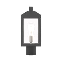 Outdoor Landscape Lighting LED 12V Low Voltage Nyack Outdoor Classics 1 E26 Medium Base Light Bulb Socket Small Outdoor Post Top Lantern 6.25 x 6.25 x 15.25 Solid Brass and Clear Glass with Scandinavian Gray with Brushed Nickel Finish Candles 120V for Garden, Exterior Post - 20590-76