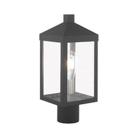 Outdoor Landscape Lighting LED 12V Low Voltage Nyack Outdoor Classics 1 E26 Medium Base Light Bulb Socket Small Outdoor Post Top Lantern 6.25 x 6.25 x 15.25 Solid Brass and Clear Glass with Scandinavian Gray with Brushed Nickel Finish Candles 120V for Garden, Exterior Post - 20590-76