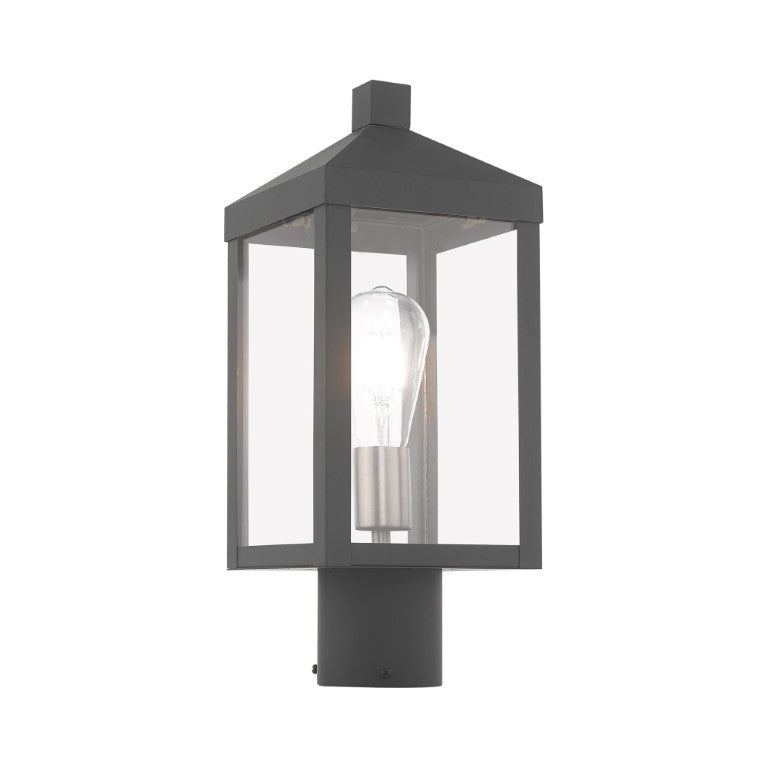 Outdoor Landscape Lighting LED 12V Low Voltage Nyack Outdoor Classics 1 E26 Medium Base Light Bulb Socket Small Outdoor Post Top Lantern 6.25 x 6.25 x 15.25 Solid Brass and Clear Glass with Scandinavian Gray with Brushed Nickel Finish Candles 120V for Garden, Exterior Post - 20590-76