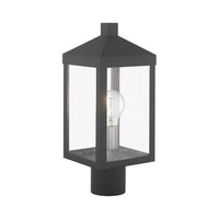 Outdoor Landscape Lighting LED 12V Low Voltage Nyack Outdoor Classics 1 E26 Medium Base Light Bulb Socket Small Outdoor Post Top Lantern 6.25 x 6.25 x 15.25 Solid Brass and Clear Glass with Scandinavian Gray with Brushed Nickel Finish Candles 120V for Garden, Exterior Post - 20590-76