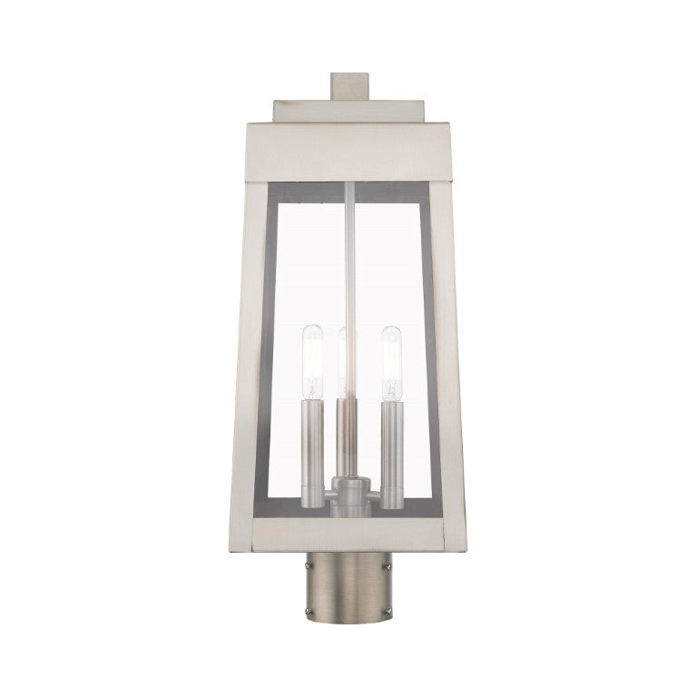 Outdoor Landscape Lighting LED 12V Low Voltage Oslo Candelabra Base Light Bulb Socket Medium Outdoor Post Top Lantern 8.25" x 8.25" x 20.375" Solid Brass and Clear Glass, Brushed Nickel Finish 120V for Garden, Exterior Post - 20856-91