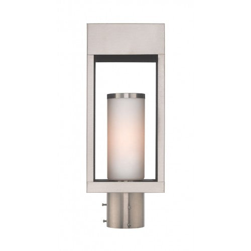 Outdoor Landscape Lighting LED 12V Low Voltage Bleecker Medium Base Light Bulb Socket Outdoor Large Post Top Lantern 6.25" x 4.625" x 16.5" Solid Brass and Hand Blown Satin Opal White Cylinder Glass, Brushed Nickel Finish 120V for Garden, Exterior Post - 20984-91