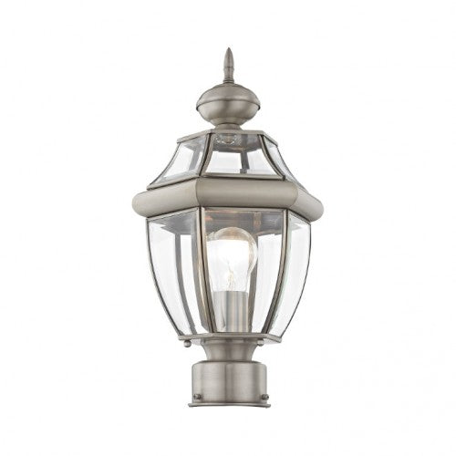 Outdoor Landscape Lighting LED 12V Low Voltage Monterey Medium Base Light Bulb Socket Small Outdoor Post Top Lantern 16.5" x 8.5" Hand Crafted Solid Brass and Clear Beveled Glass, Brushed Nickel Finish 120V for Garden, Exterior Post - 2153-91