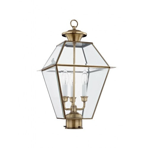 Outdoor Landscape Lighting LED 12V Low Voltage Westover Candelabra Base 3 Light Bulb Sockets Large Outdoor Post Top Lantern 12" x 12" x 21.5" Hand Crafted Solid Brass and Clear Beveled Glass, Antique Brass Finish 120V for Garden, Exterior Post - 2384-01