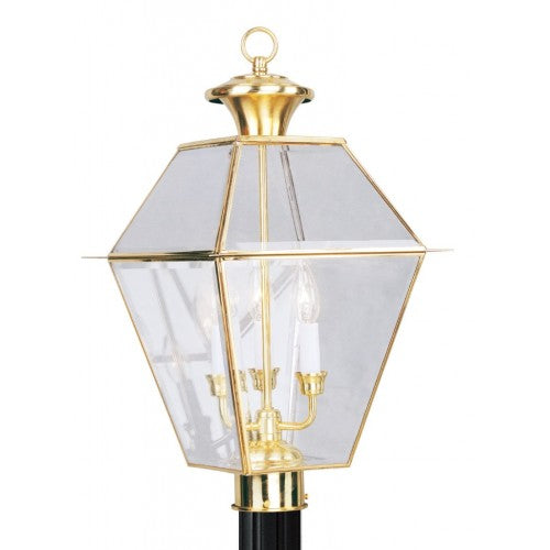 Outdoor Landscape Lighting LED 12V Low Voltage Westover Candelabra Base 3 Light Bulb Sockets Large Outdoor Post Top Lantern 12" x 12" x 21.5" Hand Crafted Solid Brass and Clear Beveled Glass, Polished Brass Finish 120V for Garden, Exterior Post - 2384-02