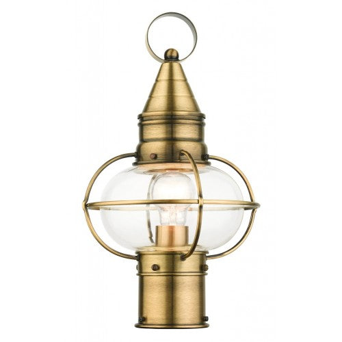 Outdoor Landscape Lighting LED 12V Low Voltage Newburyport Medium Base 1 Light Bulb Socket Medium Outdoor Post Top Lantern 15" x 8.75" Solid Brass and Hand Blown Clear Glass, Antique Brass Finish 120V for Garden, Exterior Post - 26902-01