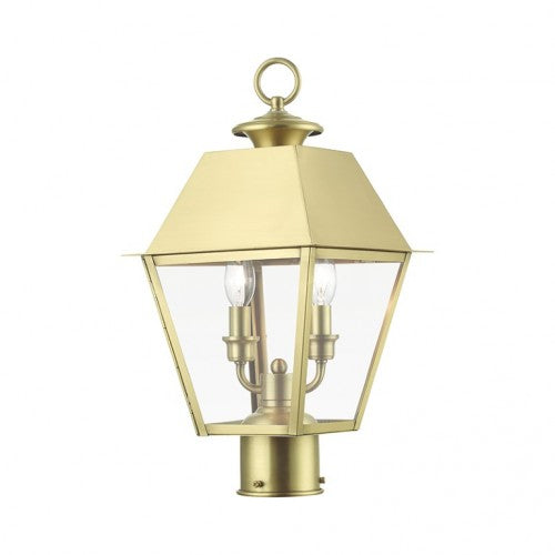 Outdoor Landscape Lighting LED 12V Low Voltage Wentworth Candelabra Base 2 Light Bulb Sockets Outdoor Medium Post Top Lantern 9" Sq x 17.5" H Solid Brass and Clear Glass, Natural Brass Finish 120V for Garden, Exterior Post - 27216-08