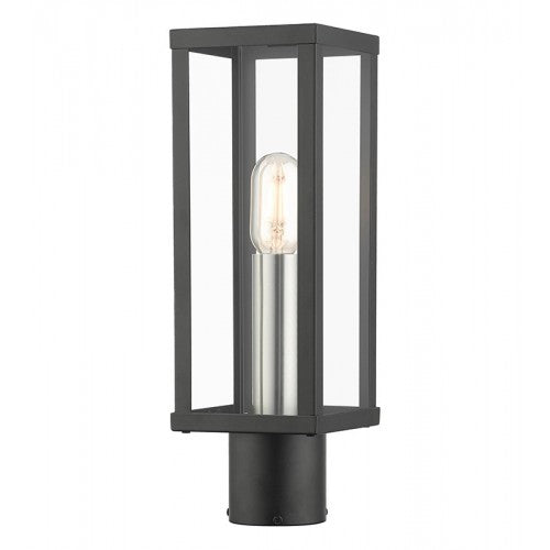 Outdoor Landscape Lighting LED 12V Low Voltage Gaffney Medium Base 1 Light Bulb Sockets Outdoor Post Top Lantern 15.5" x 5" Sq. Stainless Steel and Clear Glass, Black with Brushed Nickel Finish Accents 120V for Garden, Exterior Post - 28034-04