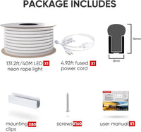 Outdoor Landscape Lighting LED 12V Low Voltage SLN06 Dotless Neon LED Strip Light 110-130V 8mm (W) x 16mm (H) IP65 Outdoor Rated Dimmable High Voltage Silicone Strip Light with Mounting Clips, Screws with Power Cable 40M 131.2ft