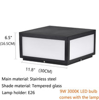 Outdoor Landscape Lighting LED 12V Low Voltage CPLA04 Modern Pillar Lamp Post Light with Tempered Glass Shade Fence Deck Cap Lantern with E26 9W 3000K 110V AC Line Voltage Stainless Steel LED IP55 Waterproof, Electric-Powered, Low-Voltage E26 LED Compatible 9.85