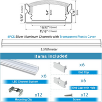Outdoor Landscape Lighting LED 12V Low Voltage AC11 U-Shaped Rectangular Silver Finish Aluminum Channel with Transparent Clear Plastic Cover 3.3FT/1M or 6.6ft/2M For Max 12mm Width LED Strip Lights Pack of 6/10/20