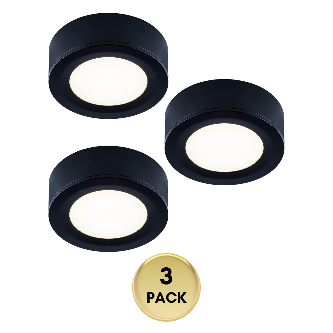 Outdoor Landscape Lighting LED 12V Low Voltage CBA03 3x/5x Pack 2.7W 2.68" 3000K Dimmable Recessed and Surface Mounted Line Voltage 120V Line Voltage Hardwired LED Puck Cabinet Light 110LM/130LM Package Black 3 Pack